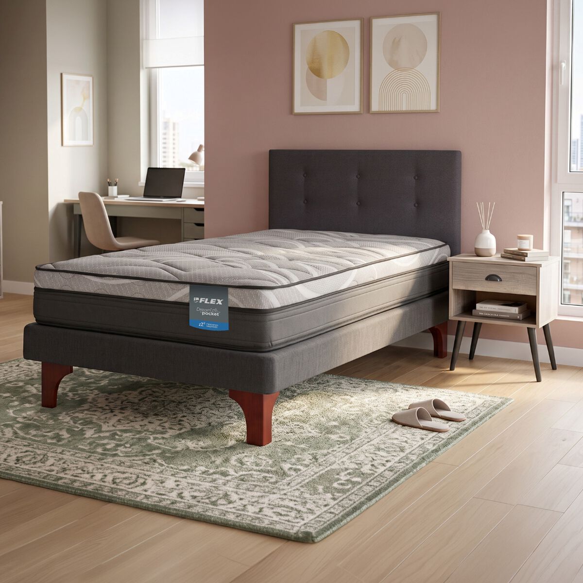 Cama Europea Flex 1,5 Plazas Dream Pocket Box + Respaldo Royal Grafito + Velador Rock