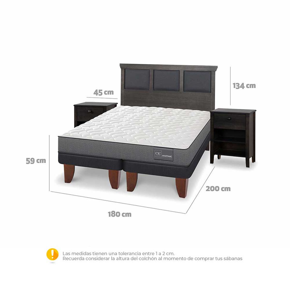 Cama Europea CIC Base Dividida King Anatomic + Respaldo + 2 Veladores Torino