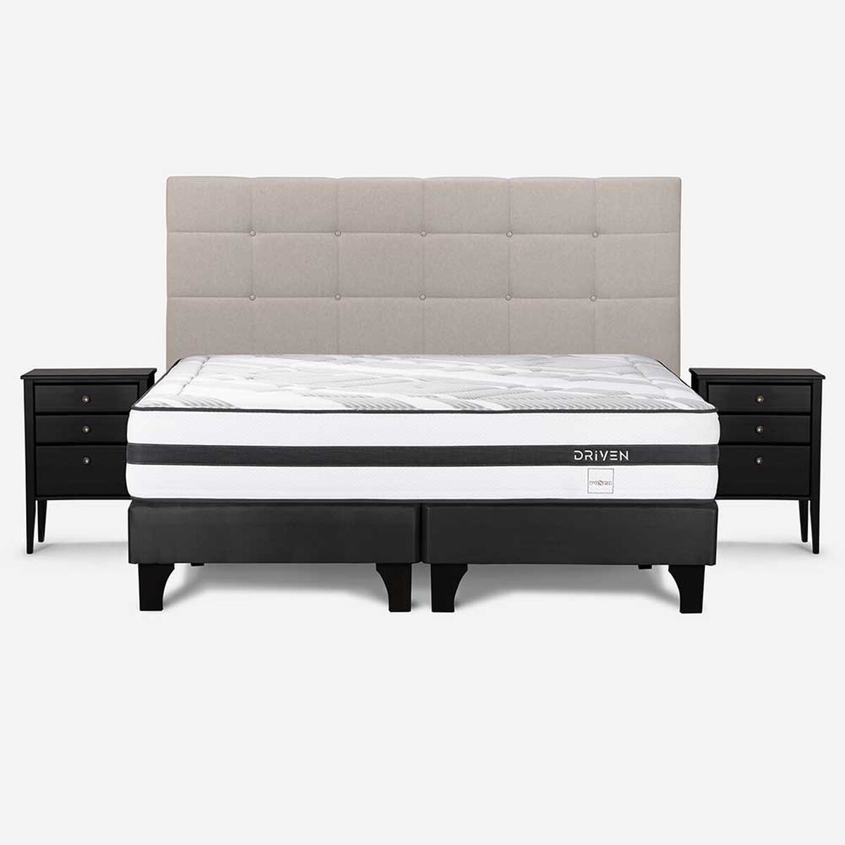 Cama Europea Rosen Base Dividida S&uacute;per King Driven + Respaldo + 2 Veladores Issey Niebla