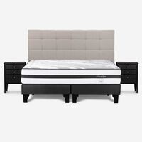 Cama Europea Rosen Base Dividida Súper King Driven + Respaldo + 2 Veladores Issey Niebla