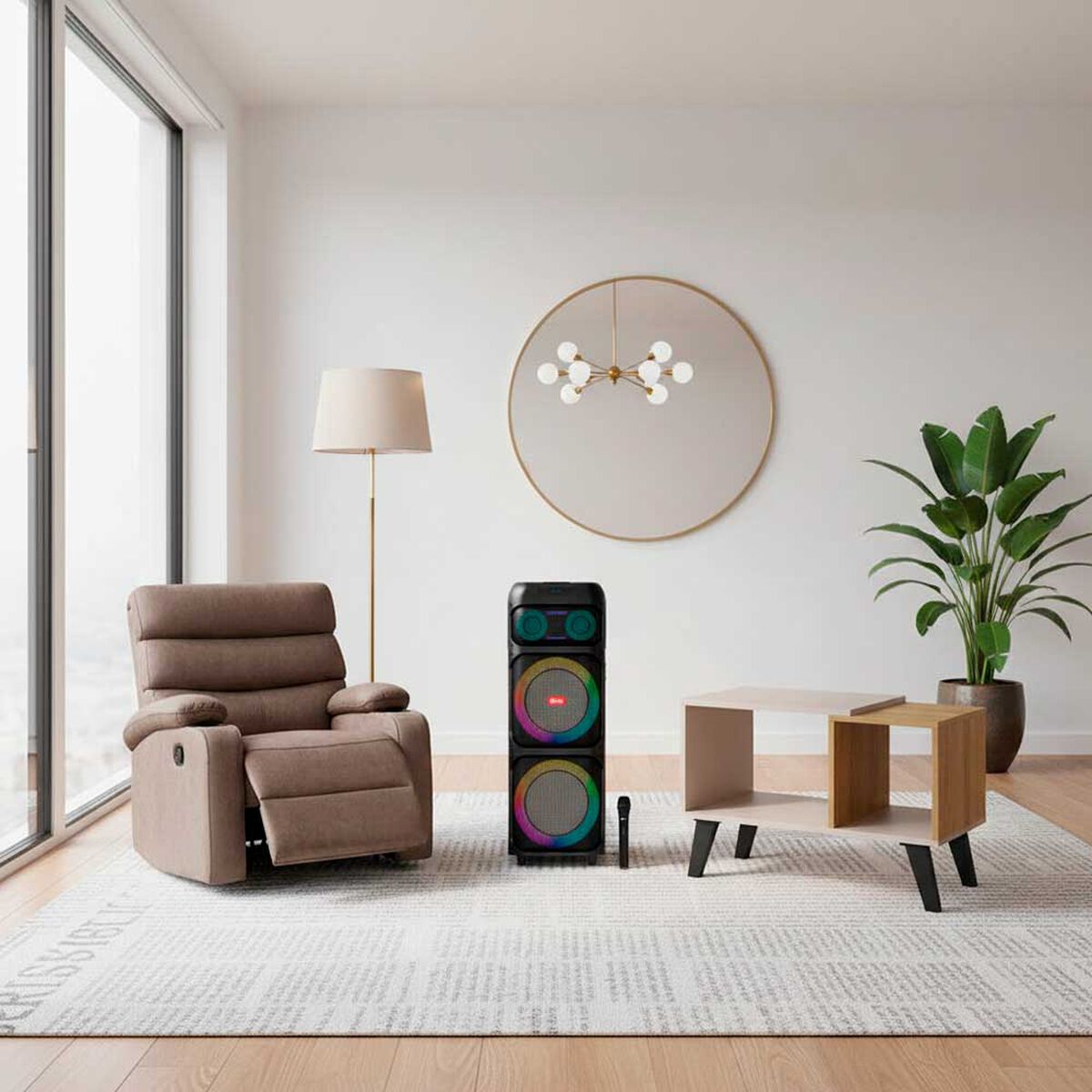 Combo Bergere Casanova Bark Caf&eacute; + Mesa de Centro Mademovel Grafito Miel + Parlante Bluetooth Blik Light Up 700 Negro