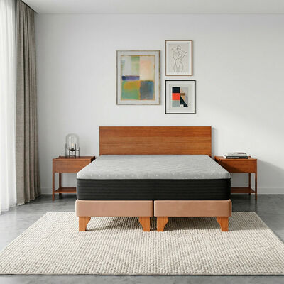 Cama Europea Latam Home 2 Plazas New Top Tela Velvet Beige + Maderas Orion