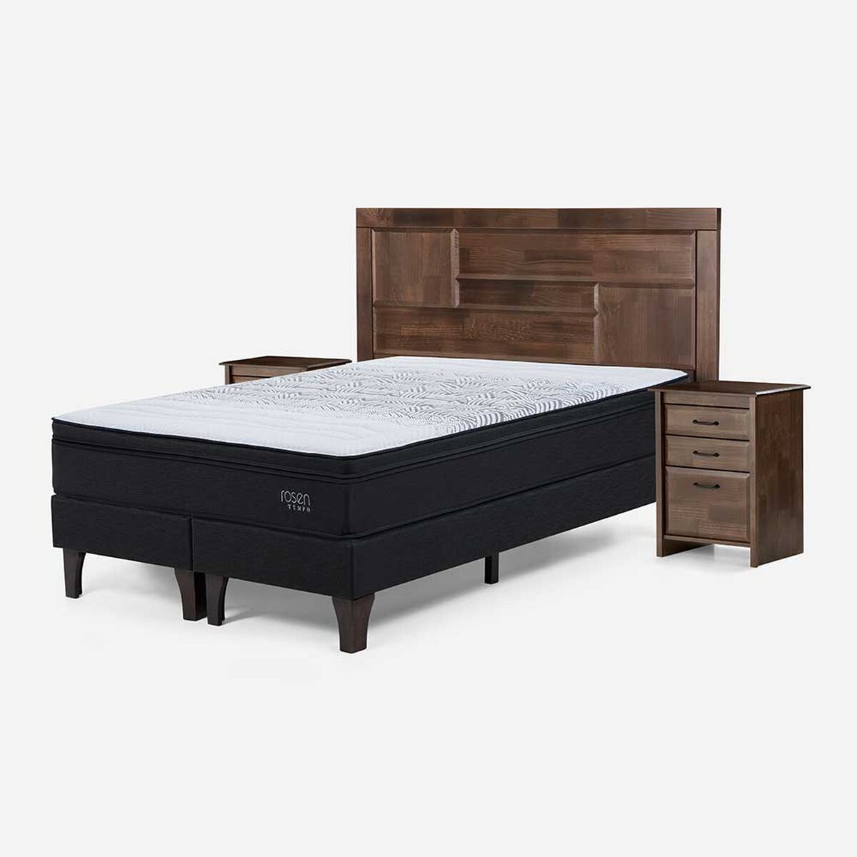 Cama Europea Rosen Base Dividida King Tempo  + Respaldo + 2 Veladores Dolce