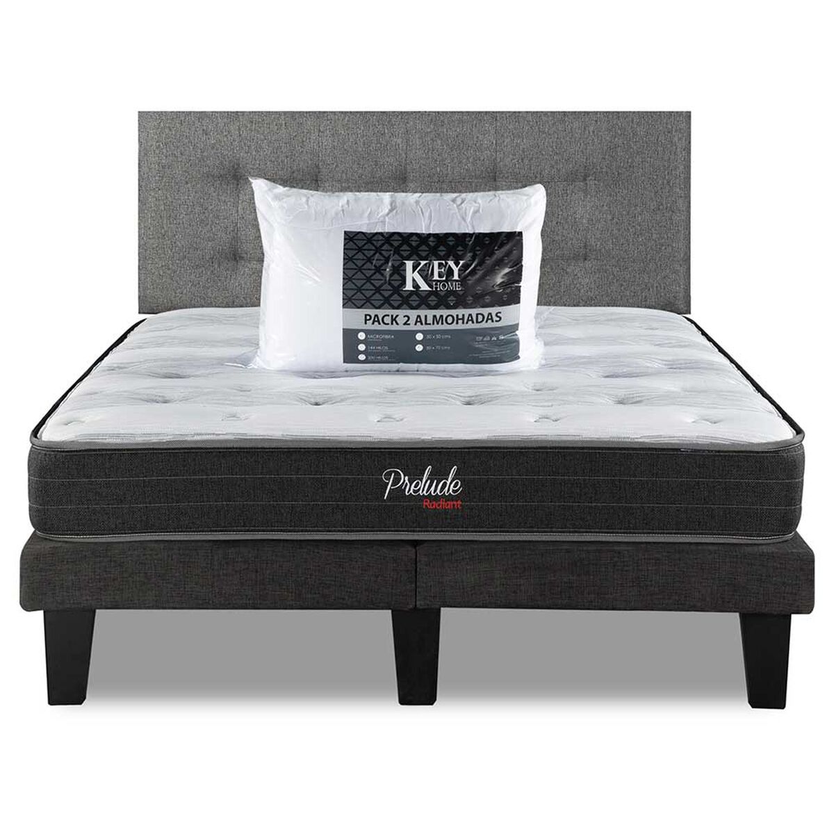 Combo Cama Europea Prelude Radiant 2 Plazas Normal + Respaldo Urban Gris + Pack Almohadas