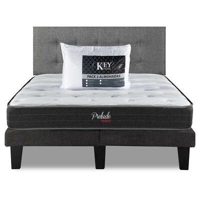Combo Cama Europea Prelude Radiant 2 Plazas Normal + Respaldo Urban Gris + Pack Almohadas