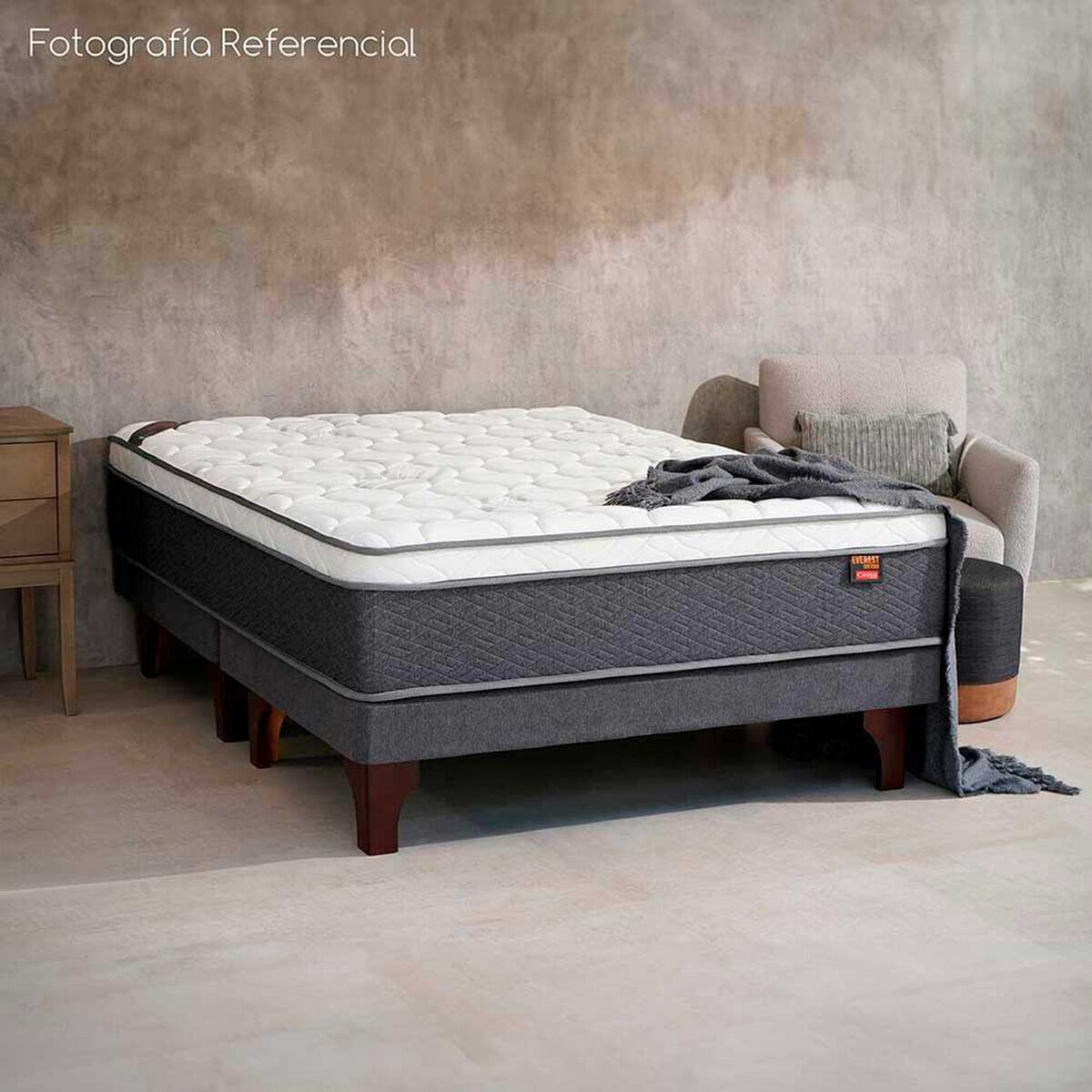 Cama Europea Celta Base Dividida 2 Plazas x 2 mt Everest Cobre + Respaldo + 2 Veladores Mallorca