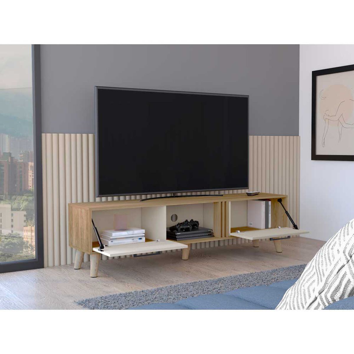 Rack TV TuHome Vance Hasta 65" Blanco Y Fresno