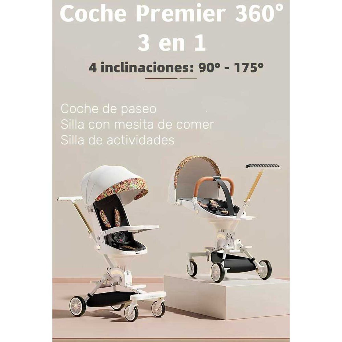 Coche de Paseo 360° 3 En 1 Reclinable Lubabycas Blanco