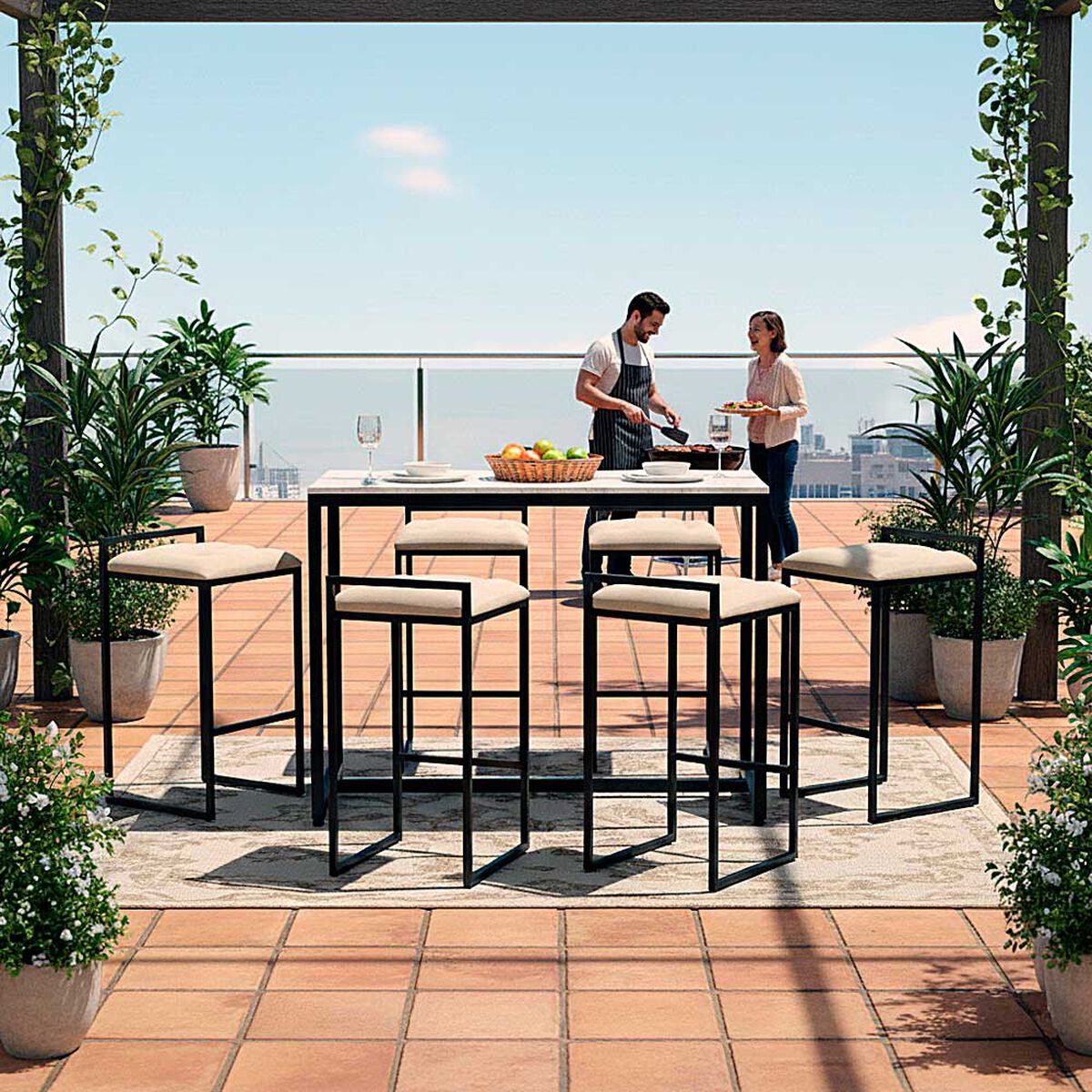 Juego Comedor Terraza Mons Barcelona Cuarzo + 6 Sillas Beige