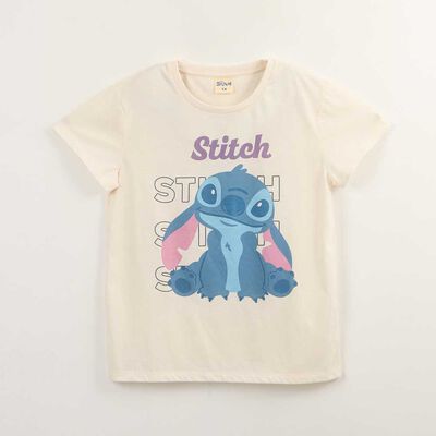 Polera Manga Corta Niña Stitch Beige