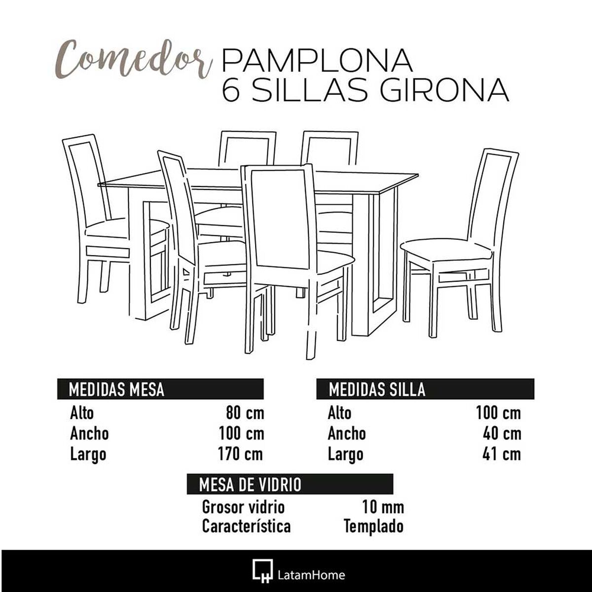 Juego de Comedor Latam Home Pamplona Granada 6 Sillas PU Negro
