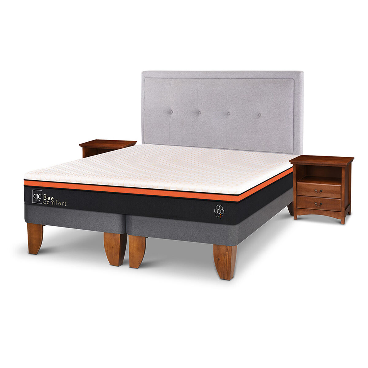 Cama Europea CIC Base Dividida 2 Plazas Bee Comfort + Respaldo + 2 Veladores