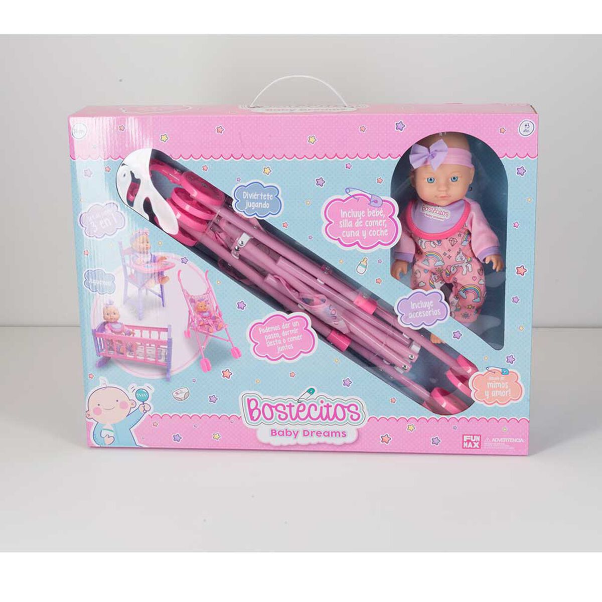 Muñeca 30Cm con Accesorios y Coche Bostecitos