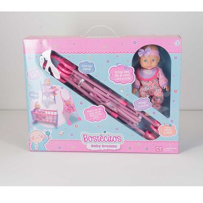 Muñeca 30Cm con Accesorios y Coche Bostecitos