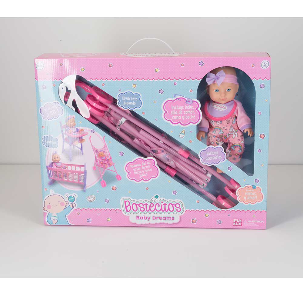 Muñeca 30Cm con Accesorios y Coche Bostecitos