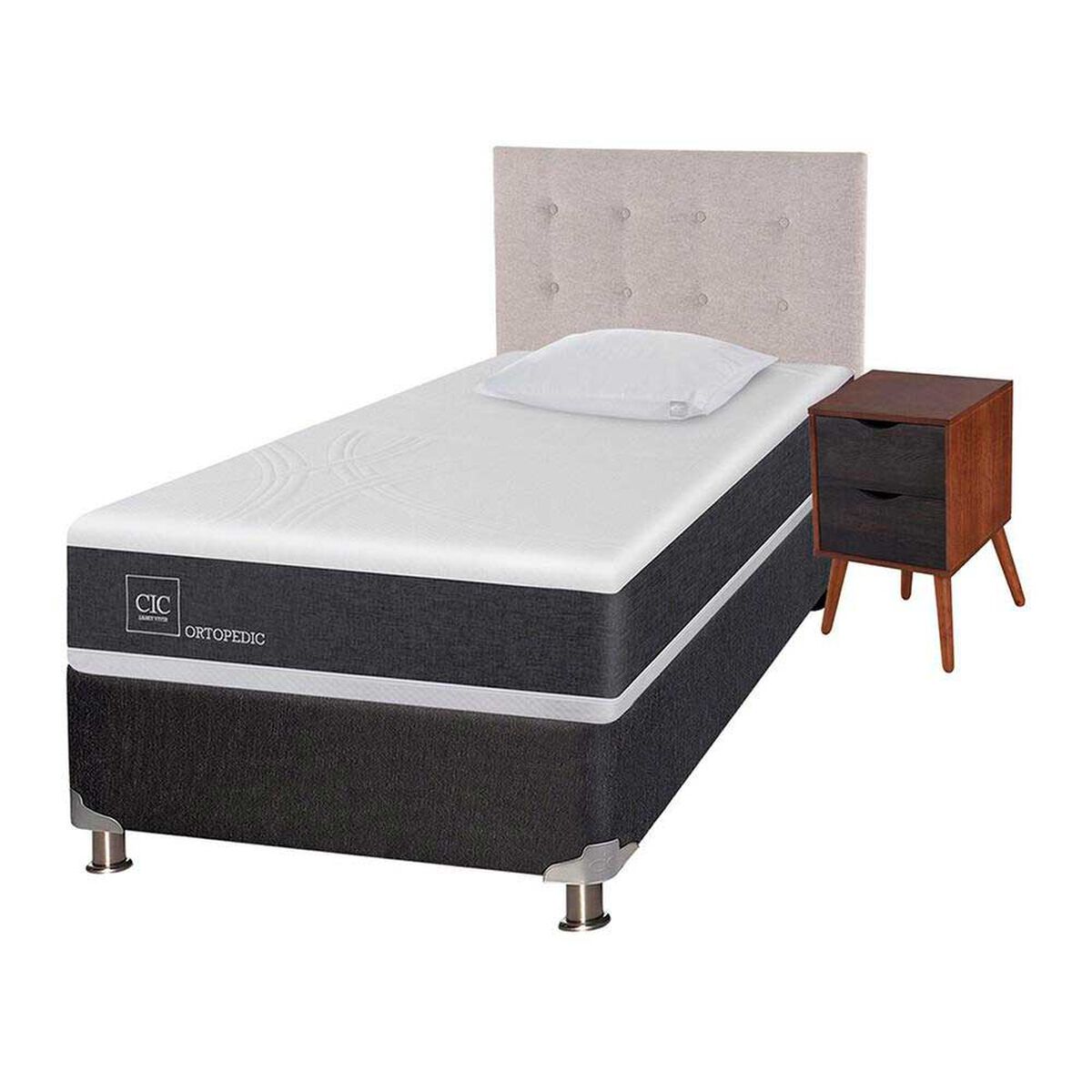 Box Spring CIC 1,5 Plazas New Ortopedic + Respaldo + Velador Tigris + Almohada