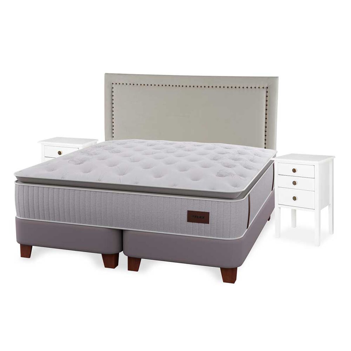 Cama Europea Flex S&uacute;per King Heritage + Respaldo Tachas + Veladores Roma