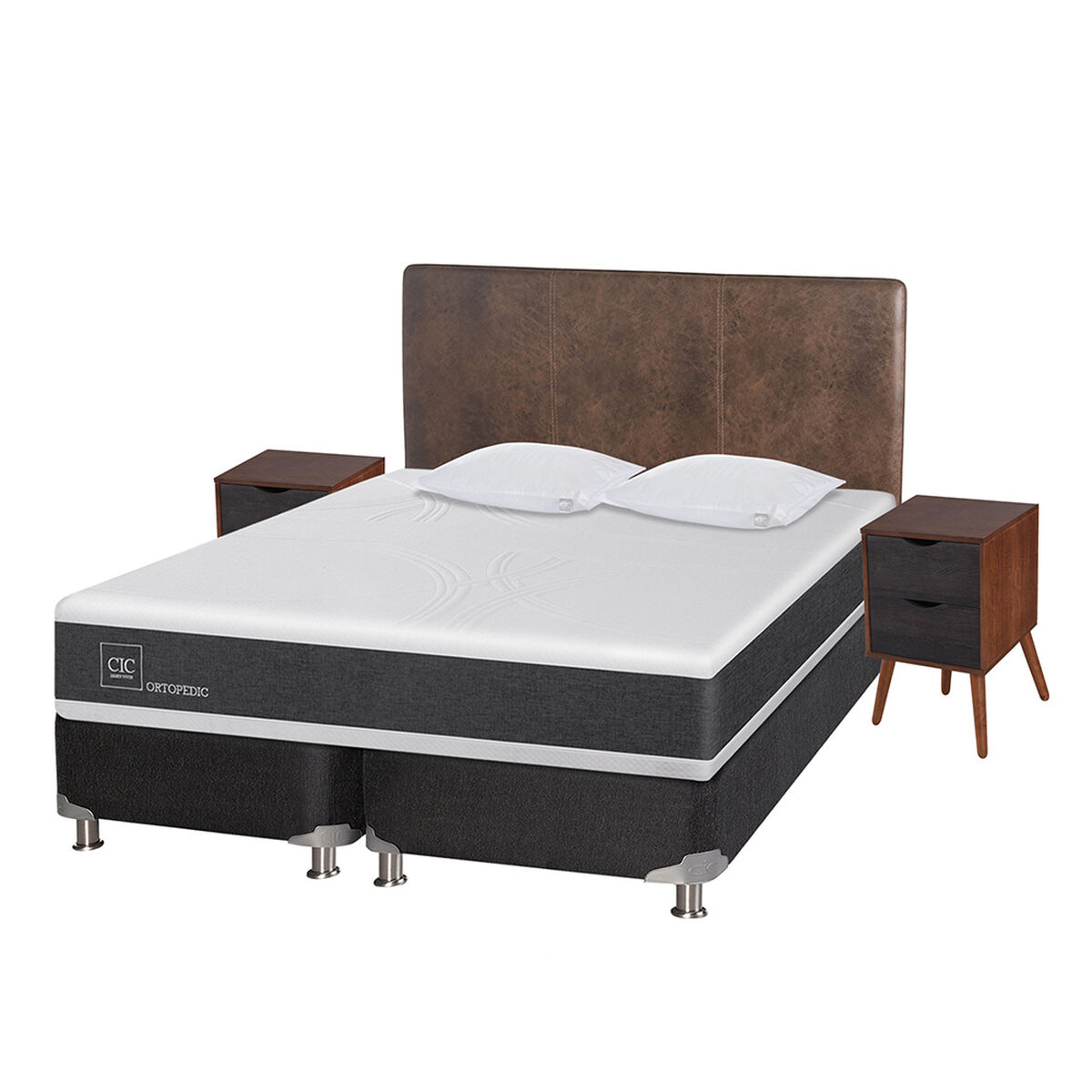 Box Spring CIC Base Dividida King New Ortopedic + Respaldo + 2 Veladores Baker + Almohada