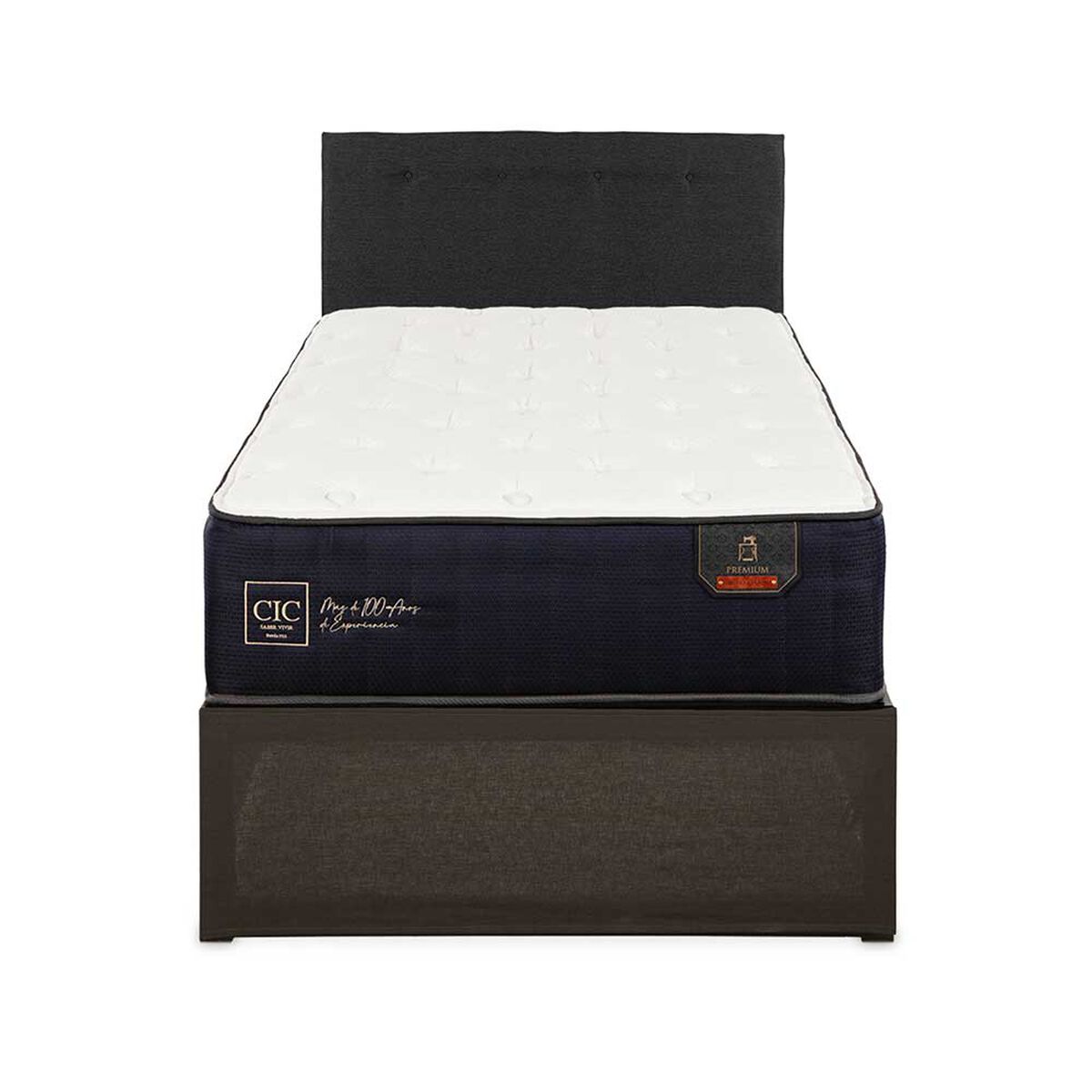 Cama Europea CIC Iron Smart 1,5 Plazas Premium + Respaldo Black Tapizado + Faldón