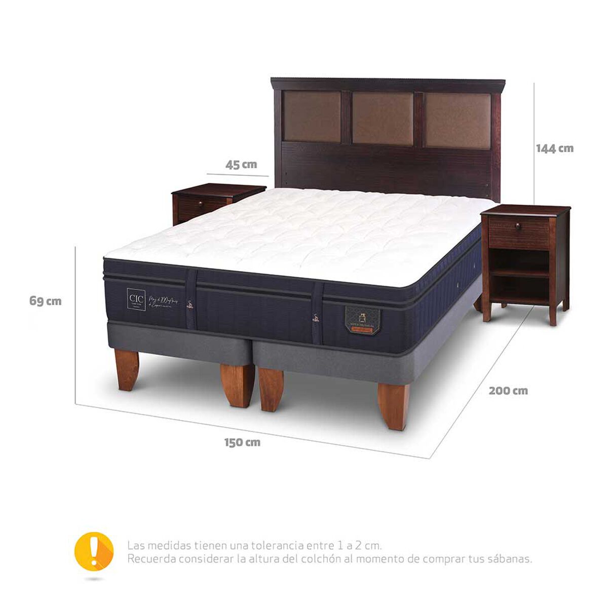 Cama Europea CIC Base Dividida 2 Plazas Súper Premium + Respaldo + Veladores