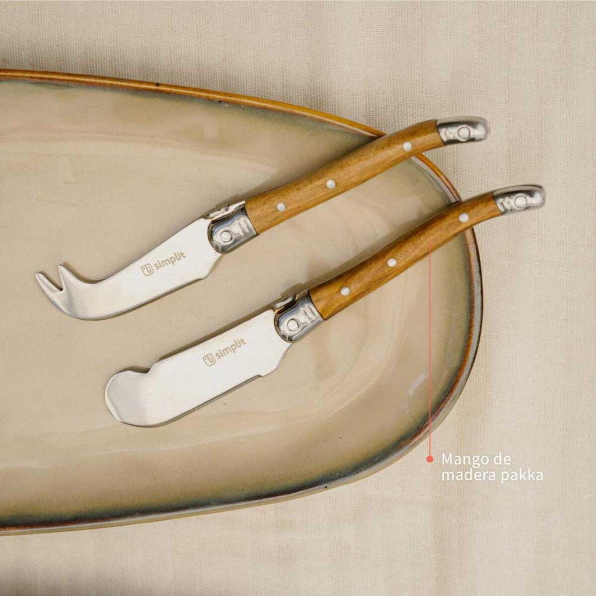 Set 4 Cuchillos para Queso Simplit Provenza Madera Acero Inoxidable Café
