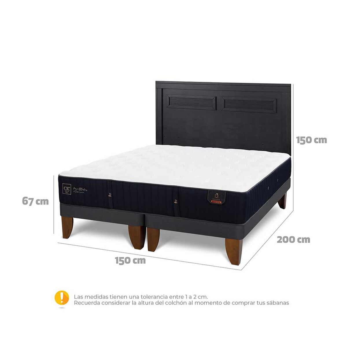 Cama Europea CIC Base Dividida 2 Plazas Premium + Respaldo Milan Negro
