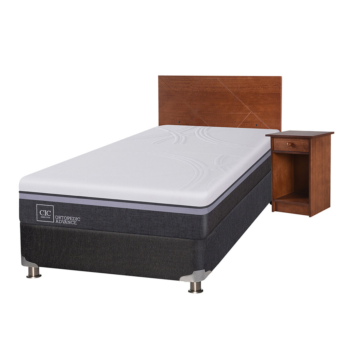 Box Spring CIC 1,5 Plazas Ortopedic Advance + Respaldo + Velador New Villarrica