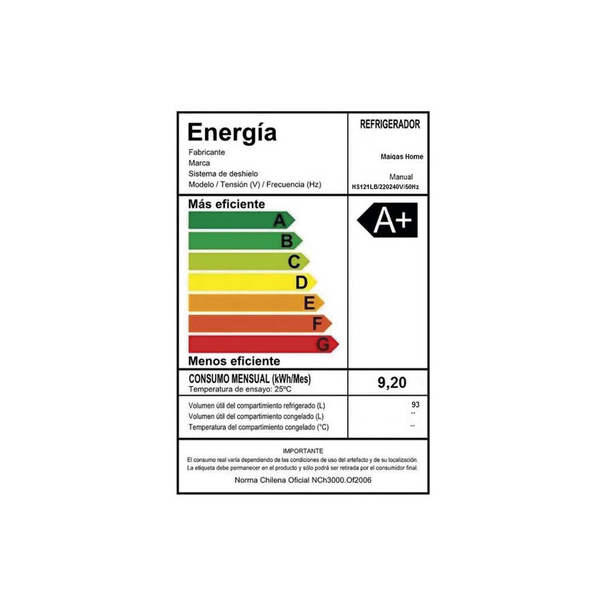 Frigobar Maigas HS-121LB 93 lts.