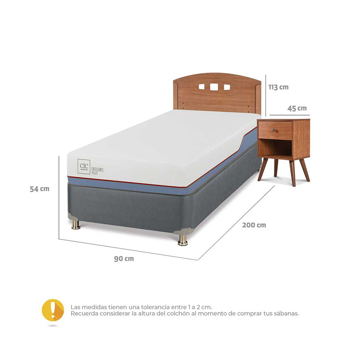 Cama Americana CIC 1 Plaza Excellence Plus + Respaldo + 1 Velador New Gales