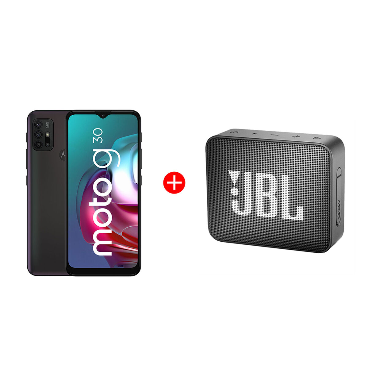 Combo Celular Motorola Moto G30 128GB 6,5" Gris Tornasol Liberado + Parlante Bluetooth JBL GO2 Negro