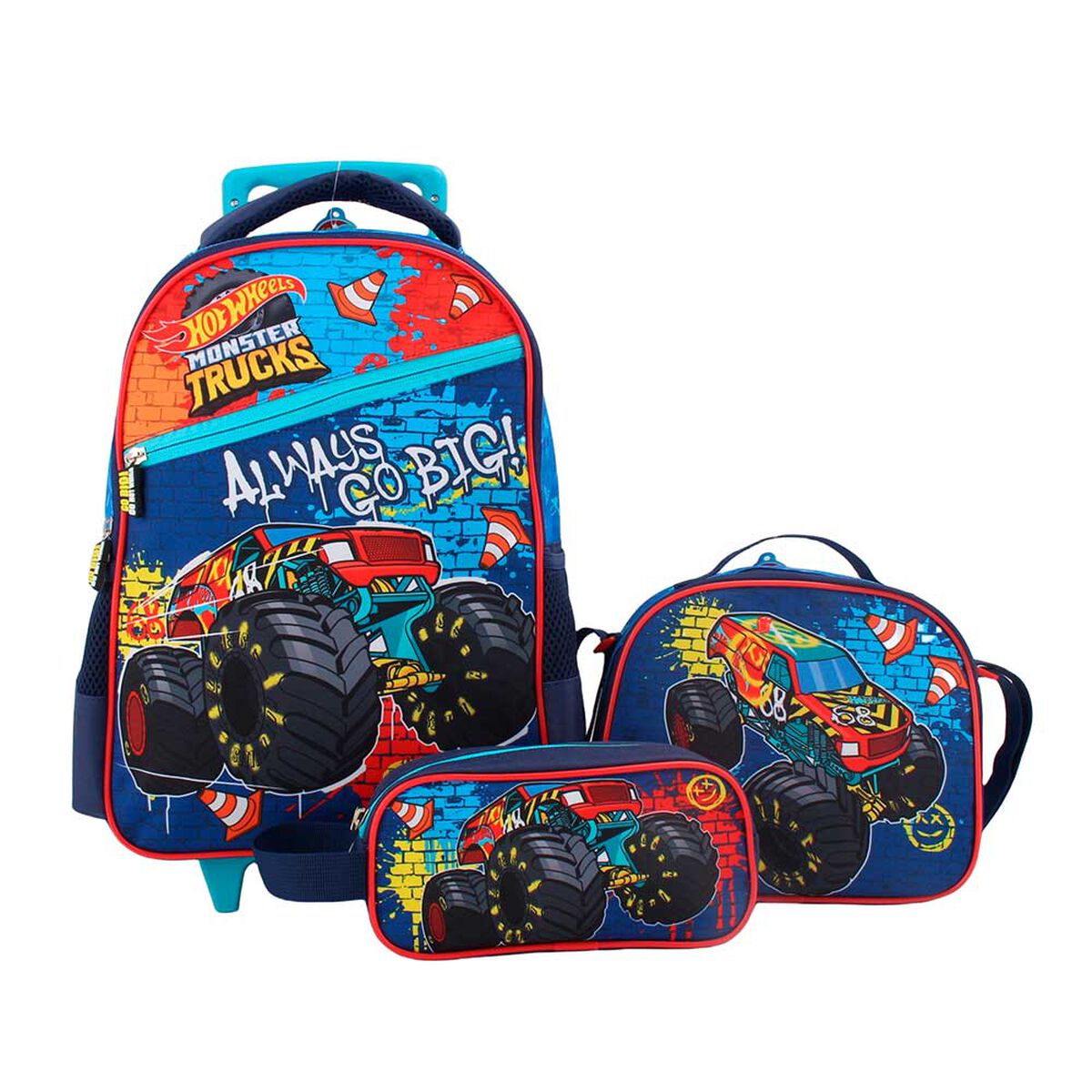 Pack Mochila con Ruedas, Estuche y Lonchera Hot Wheels
