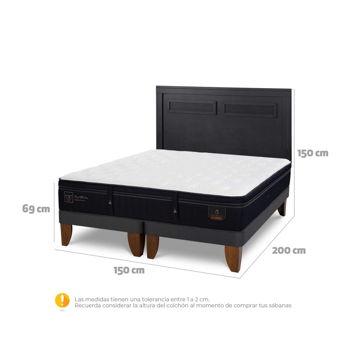 Cama Europea CIC Base Dividida 2 Plazas S&uacute;per Premium + Respaldo Milan Negro