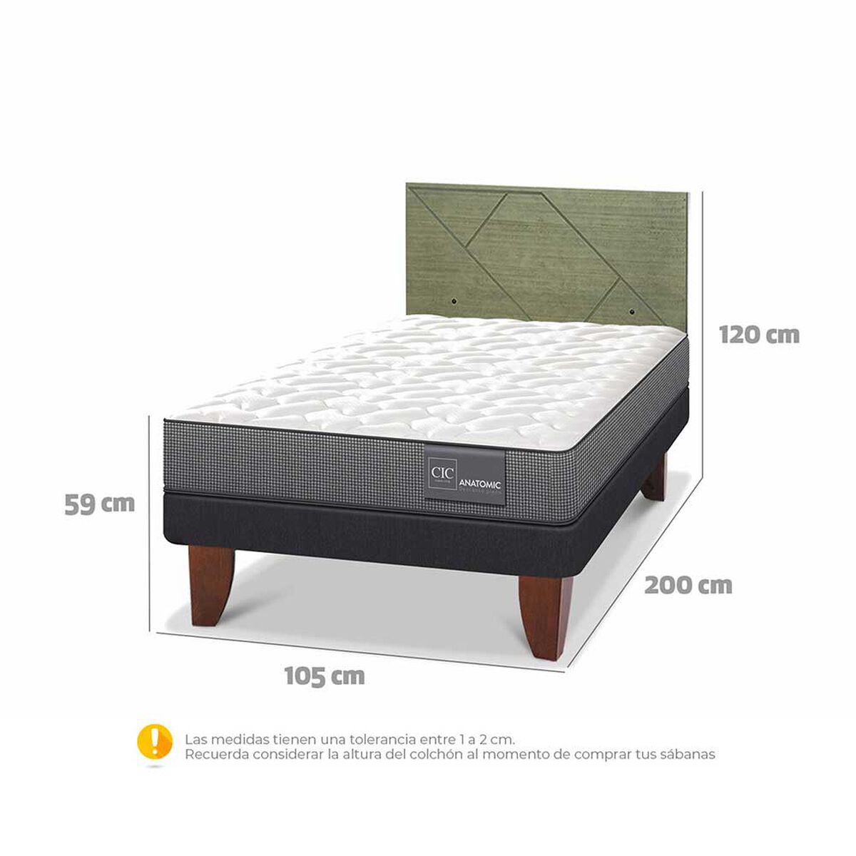 Cama Europea CIC 1,5 Plazas Anatomic + Respaldo Villarrica Olivo