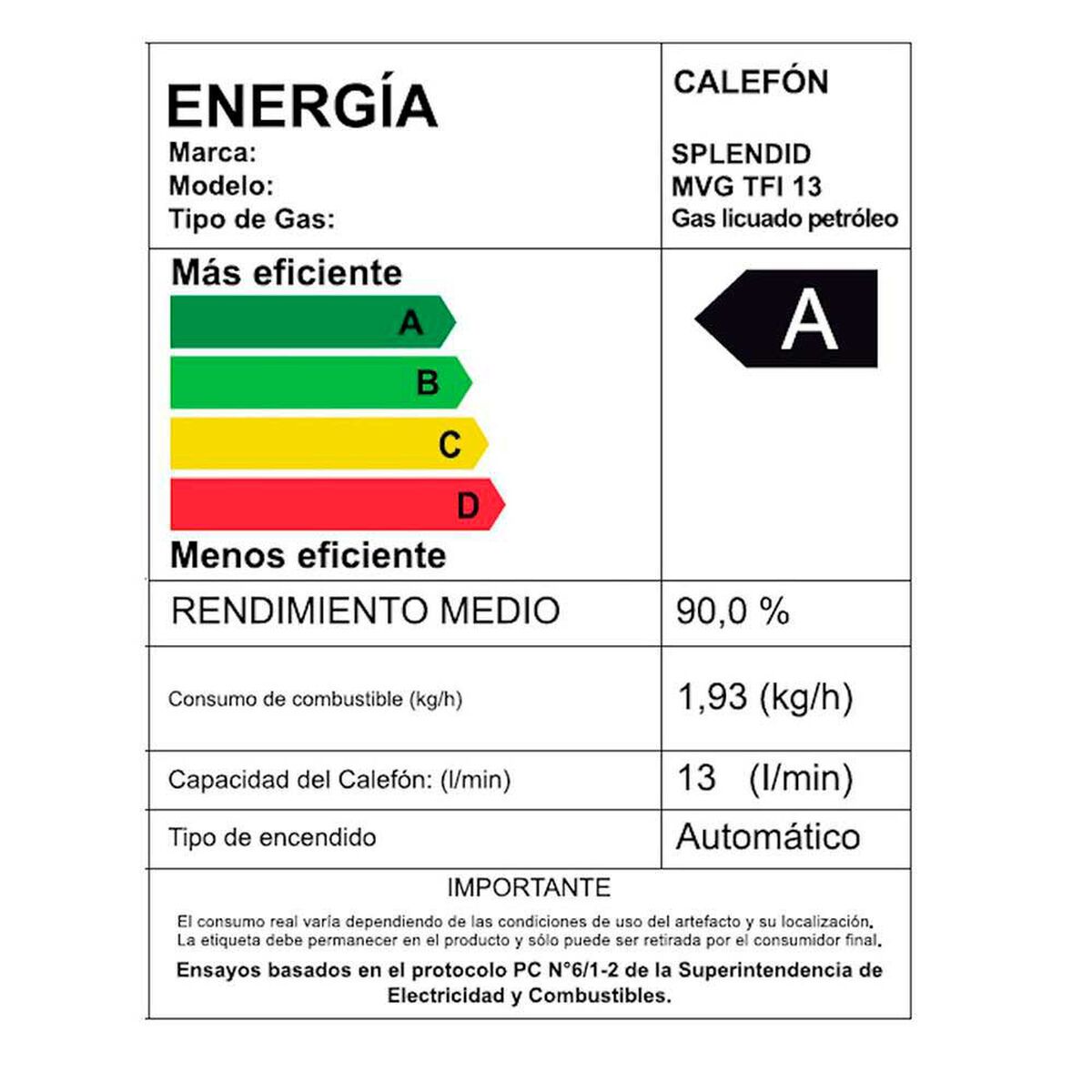 Calefont Gas Licuado Splendid Tiro Forzado 13 lts.