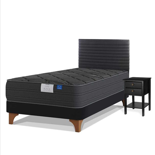 Cama Europea Flex 1,5 Plazas Black + Respaldo Modern + Velador Rover