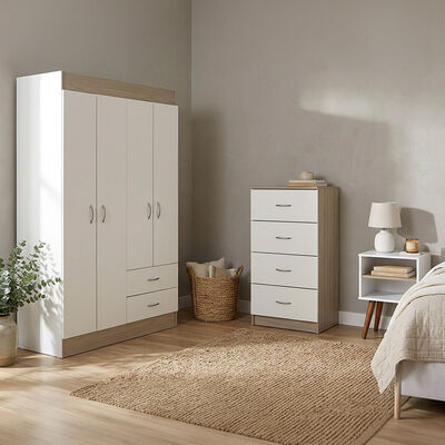 Combo Closet 4 Puertas 2 Cajones + Velador + C&oacute;moda 4 Cajones Stanford Blanco