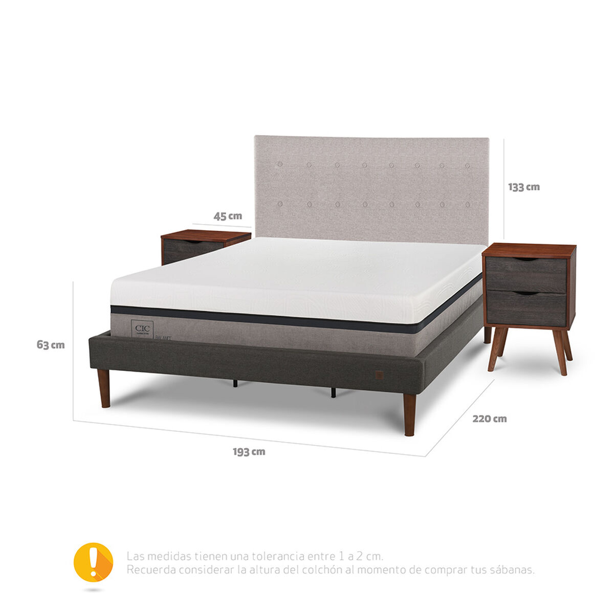 Cama Europea CIC Curve King Balance + Respaldo Tigris+ 2 Veladores Niger