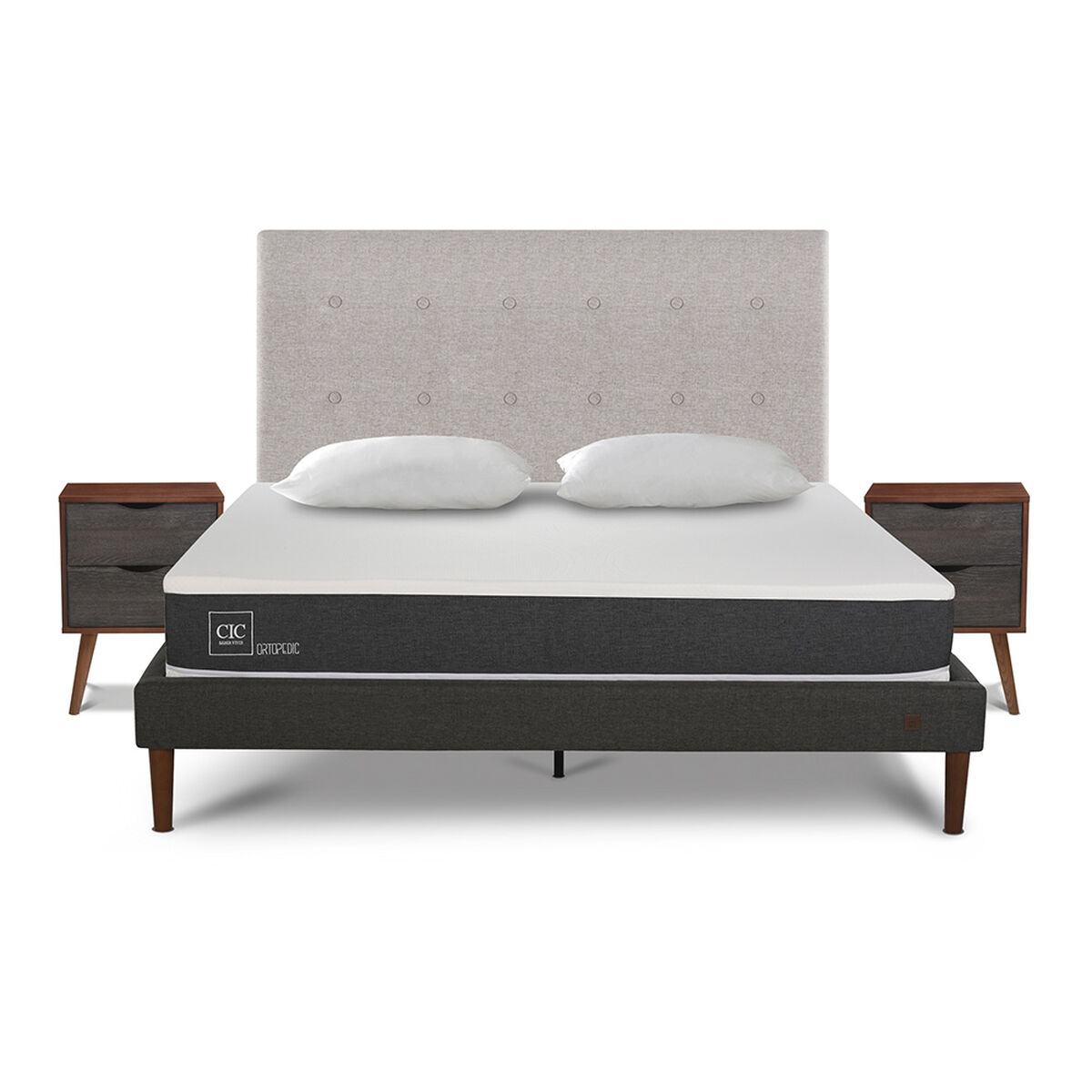 Cama Europea CIC 2 Plazas New Ortopedic + Respaldo Tigris + 2 Veladores + Almohadas Viscoel&aacute;sticas