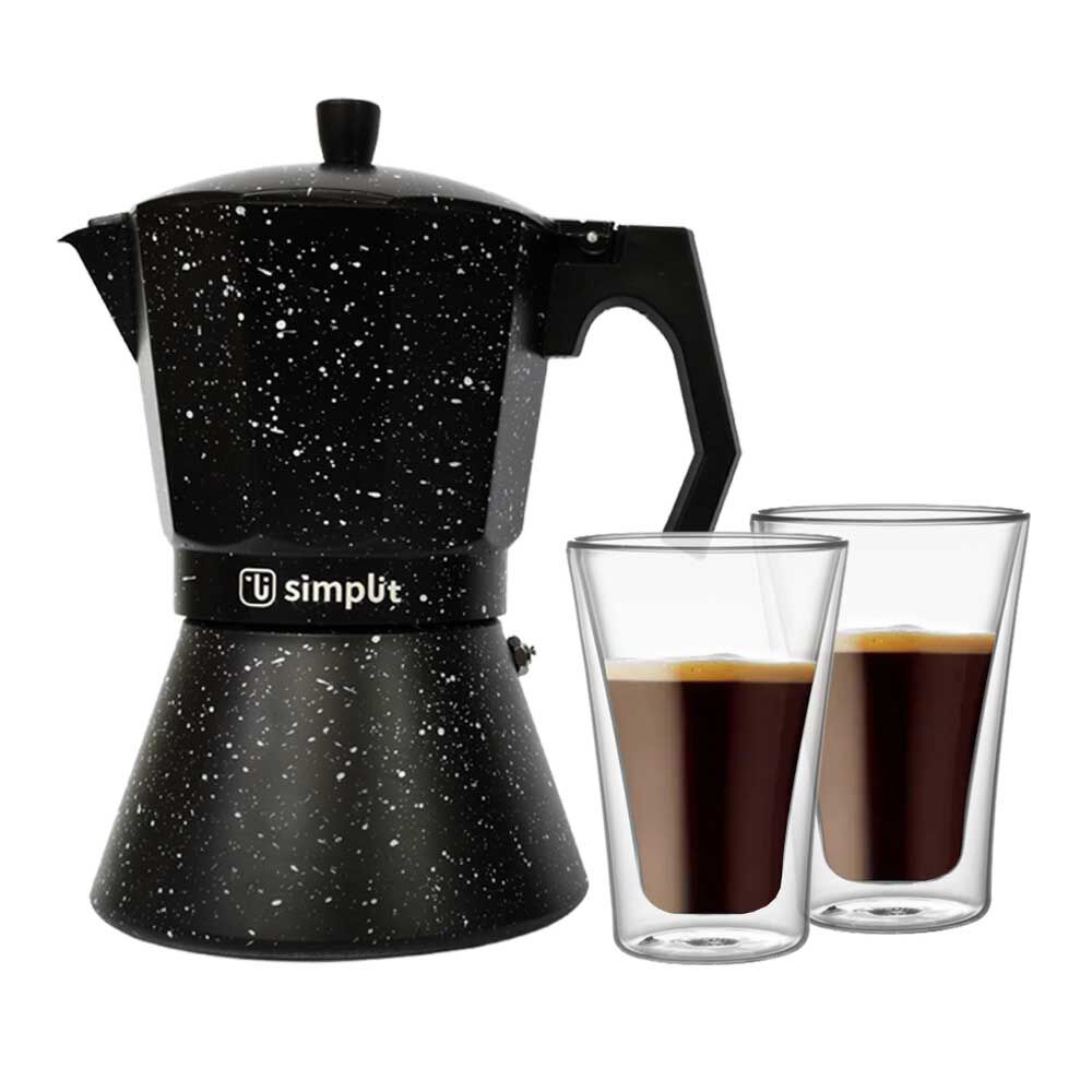 Pack Cafetera Italiana + Set 2 Vasos Doble Pared Simplit Negro, foto 2