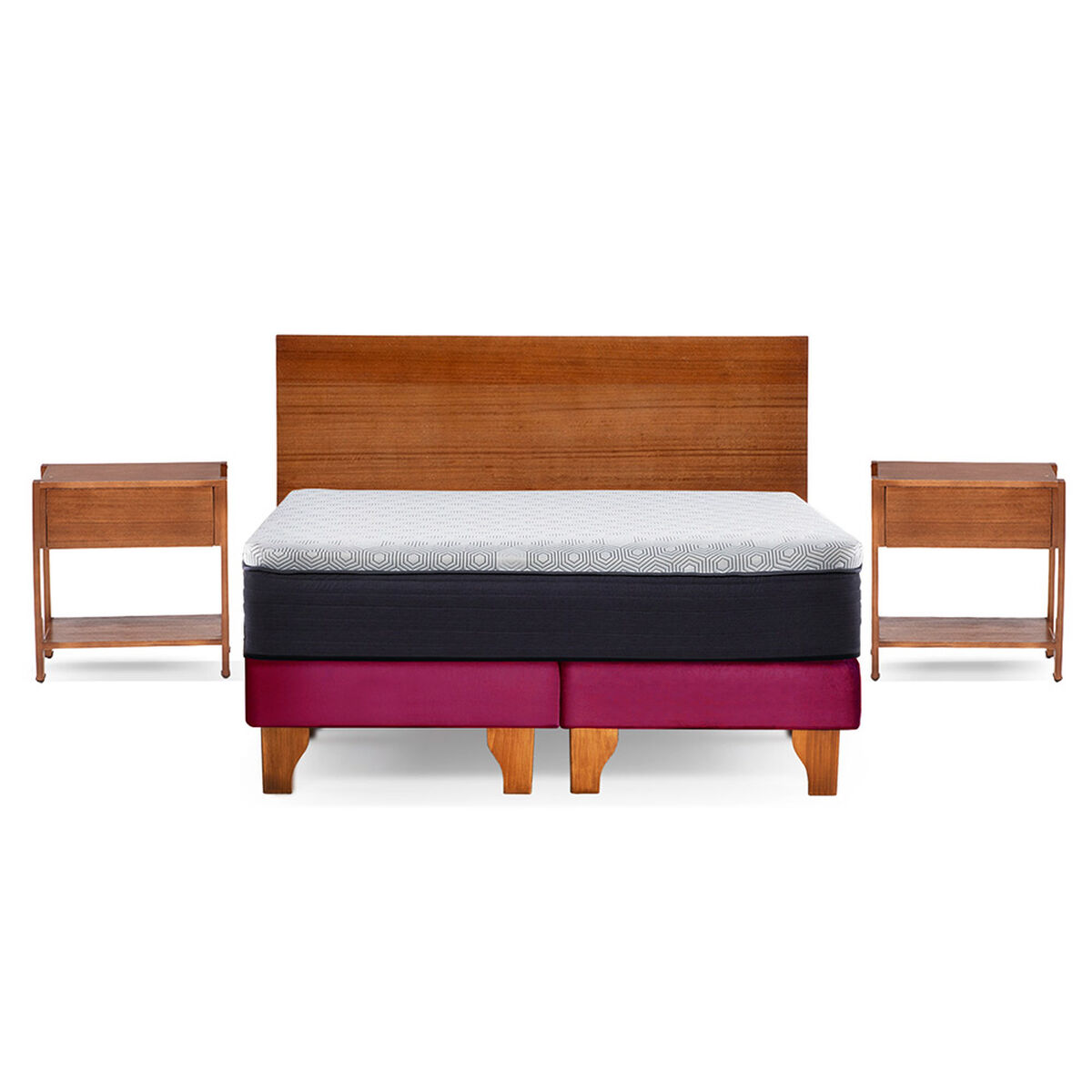Cama Europea Latam Home 2 Plazas New Top Tela Velvet Burdeo + Maderas Orion