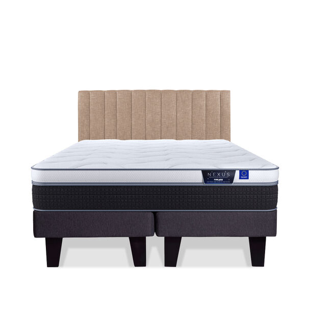 Cama Europea Flex 2 Plazas Nexus Box Base Dividida + Respaldo Tubular Beige