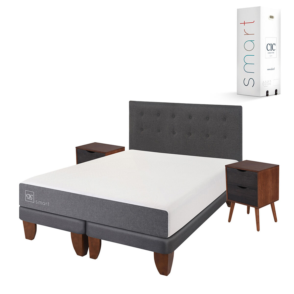 Cama Europea CIC Base Dividida 2 Plazas Smart  + Respaldo + 2 Veladores Eufrates