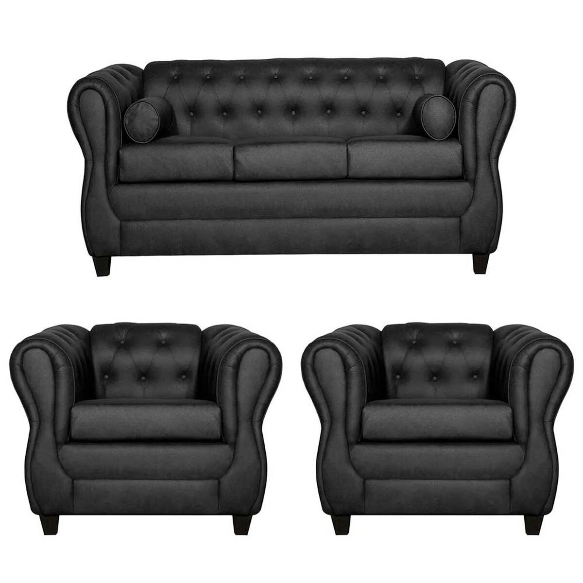 Juego de Living Ruzam Mobel Chesterfield Sofá 3 Cuerpos + Dos Sillones 1 Cuerpo PU Negro