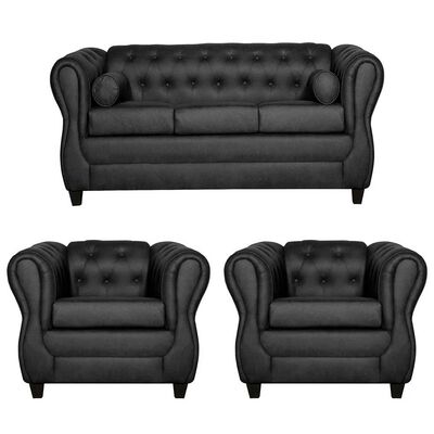 Imagen 1 del producto Juego de Living Ruzam Mobel Chesterfield Sofá 3 Cuerpos + Dos Sillones 1 Cuerpo PU Negro