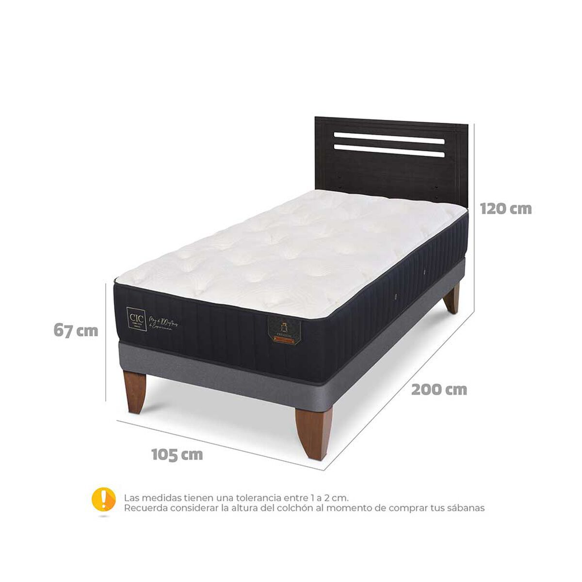 Cama Europea CIC 1,5 Plazas Premium + Respaldo Munich Negro