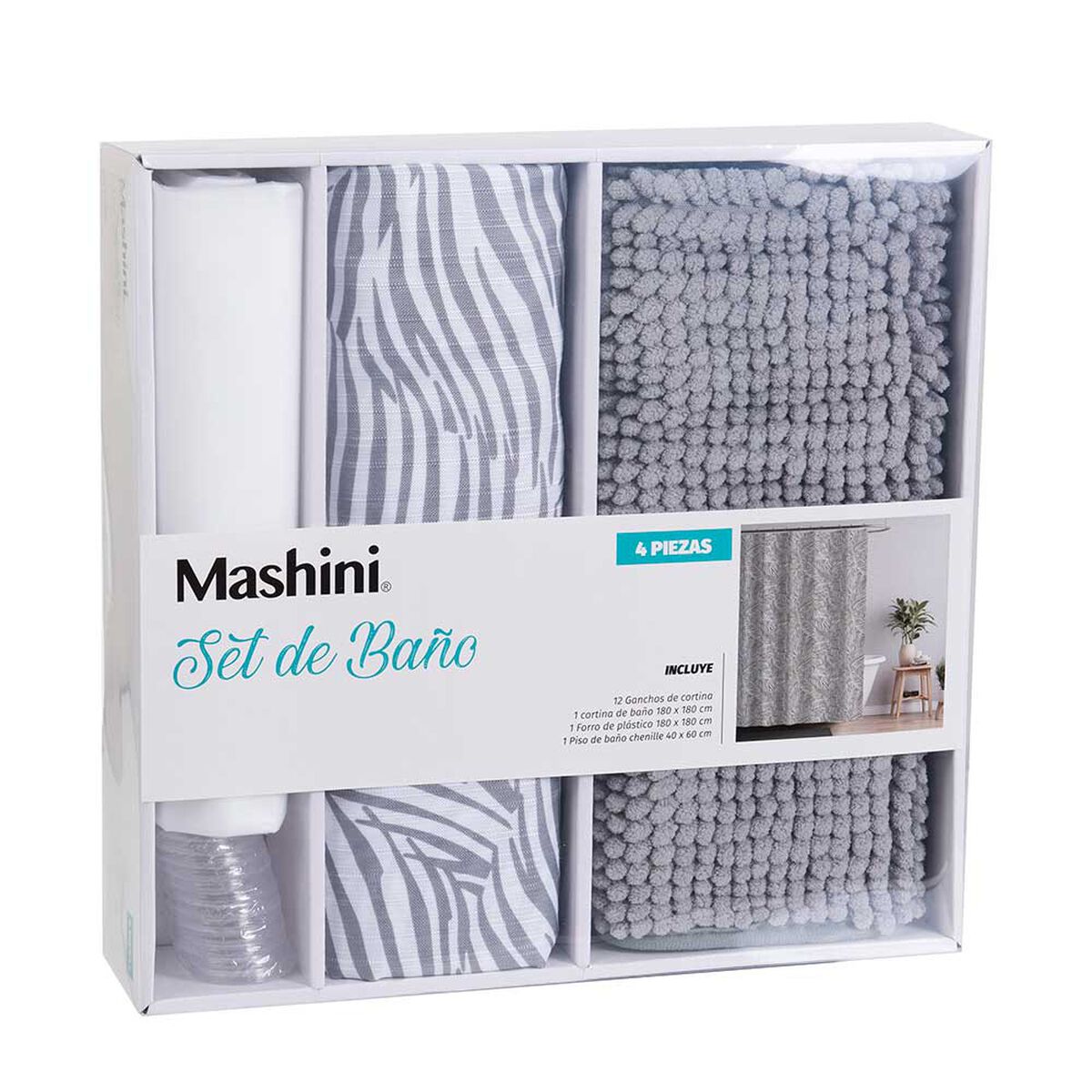 Set Cortina de Ba&ntilde;o 4 Piezas Mashini Isiolo Multicolor