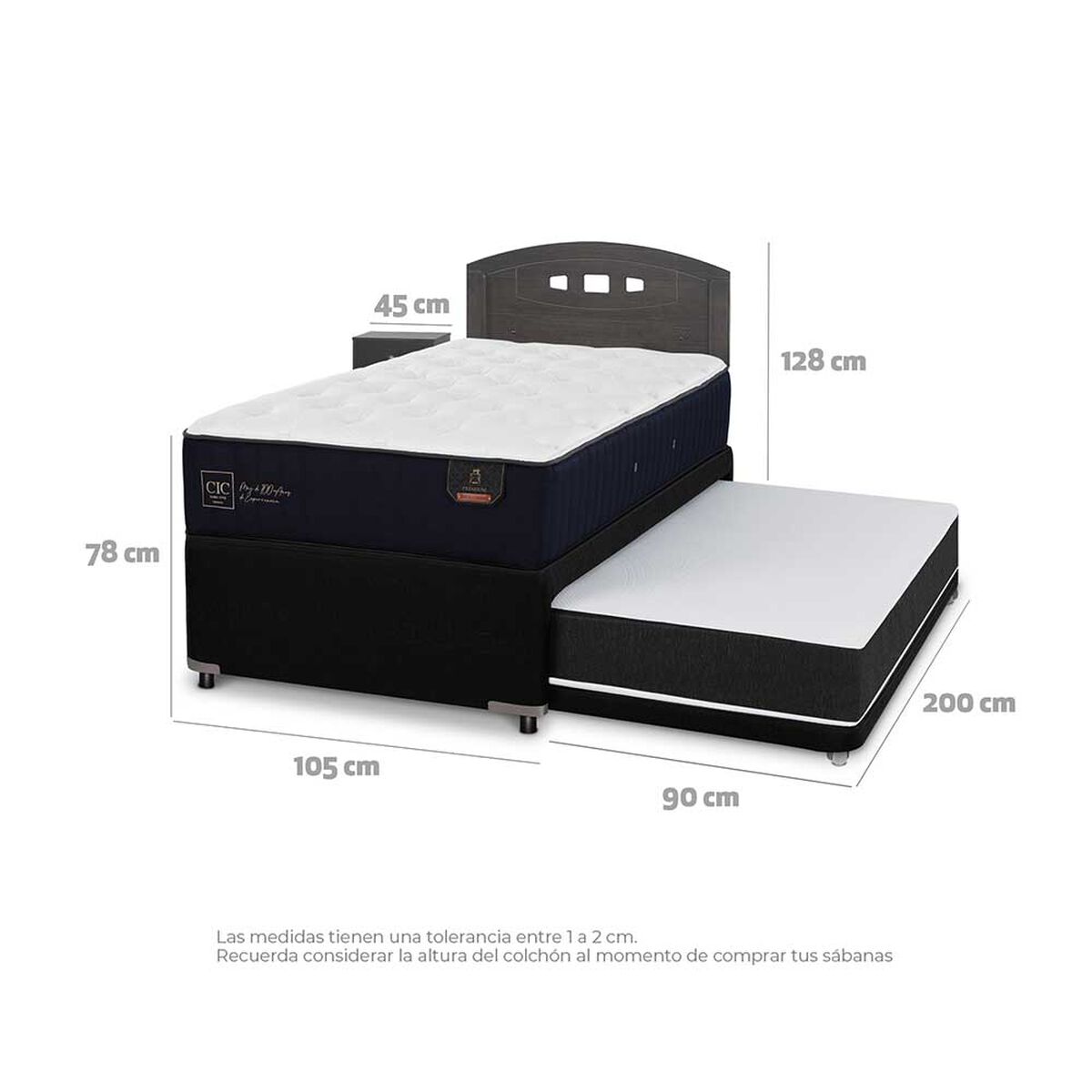Cama Nido CIC 1,5 Plazas Premium + Respaldo + Velador Gales
