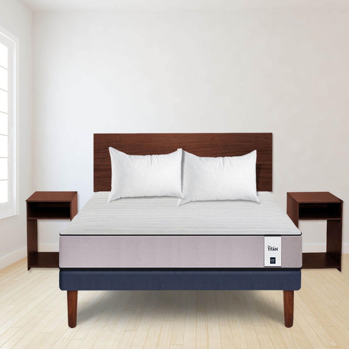 Combo Cama Europea CIC 2 Plazas New Titán + Set Maderas Nogal + Pack 2 Almohadas Imperial Soft