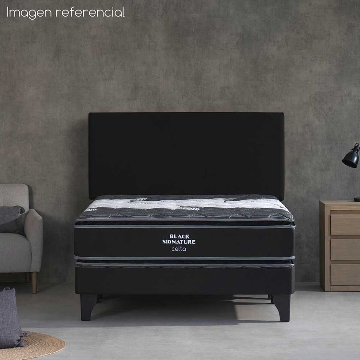 Cama Europea Celta 2 Plazas Pocket Black Signature+ Respaldo Tela XL