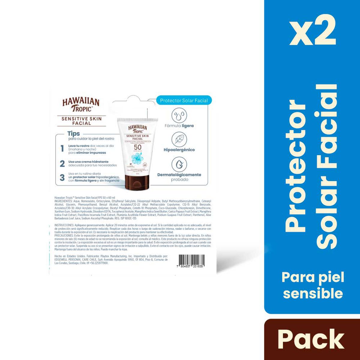 Set Protector Solar Hawaiian Tropic Sensitive Skin Facial FPS 50+ 60 ml